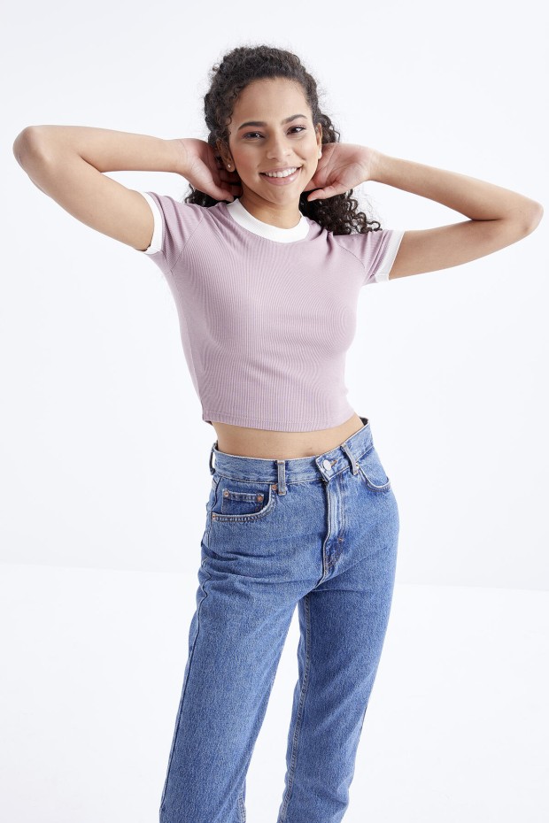 Gül Kurusu Basic Kol Detaylı O Yaka Kadın Crop Top T-Shirt - 97200