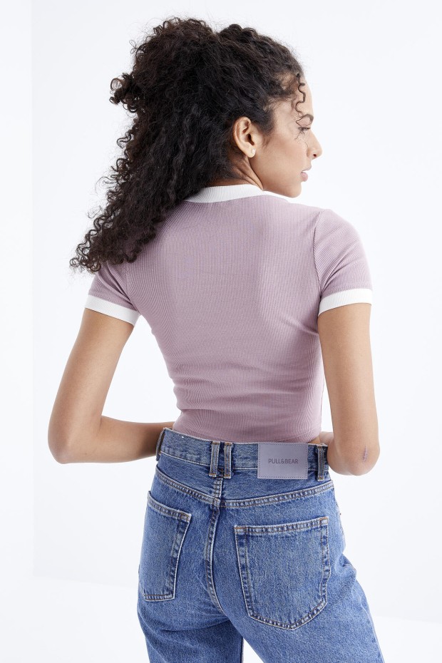 Gül Kurusu Basic Kol Detaylı O Yaka Kadın Crop Top T-Shirt - 97200