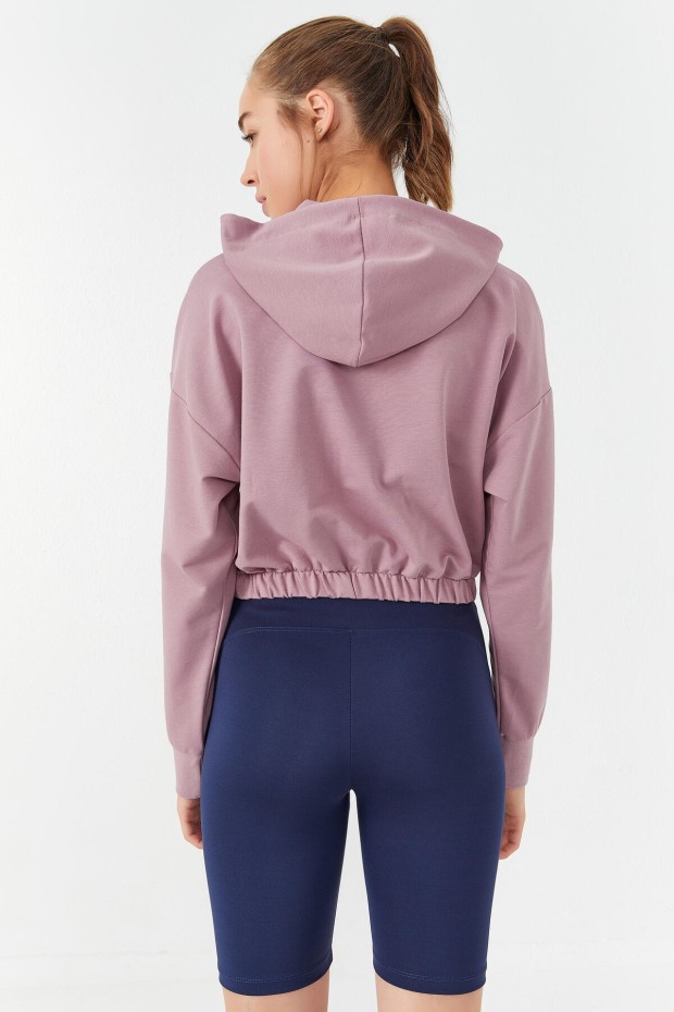 Gül Kurusu Beli Büzgülü Kapüşonlu Yarım Fermuarlı Rahat Form Kadın Crop Top Sweatshirt - 97155