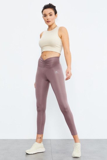Gül Kurusu Beli Büzgülü Yüksek Bel Streç Slim Fit Kadın Tayt - 94605 