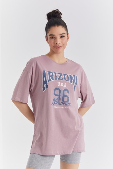 Gül Kurusu Büyük Yazı Baskılı O Yaka Oversize Düşük Omuz Kadın T-Shirt - 97218 
