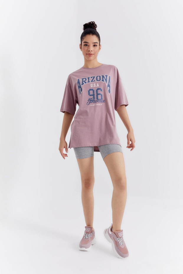 Gül Kurusu Büyük Yazı Baskılı O Yaka Oversize Düşük Omuz Kadın T-Shirt - 97218