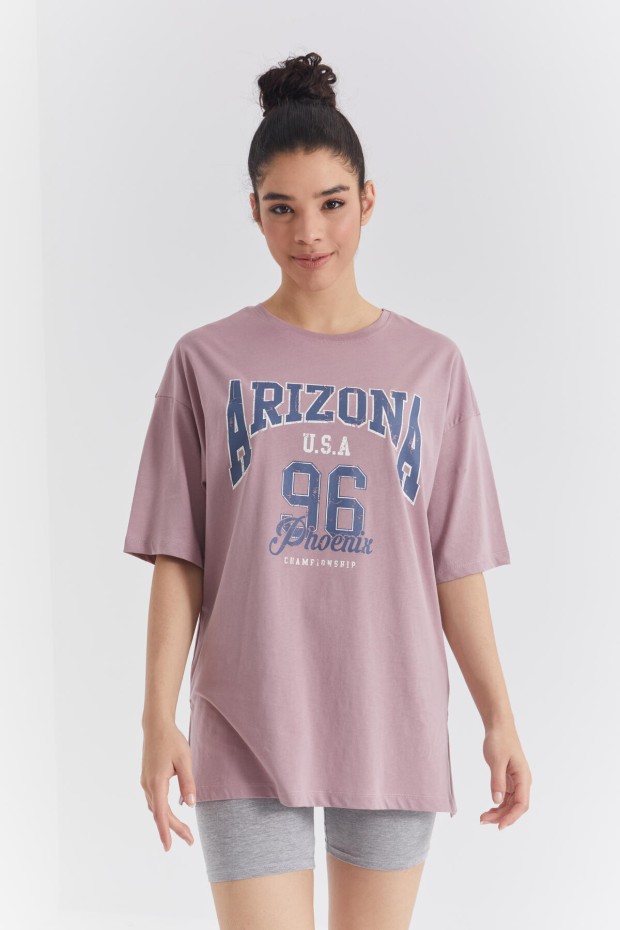 Gül Kurusu Büyük Yazı Baskılı O Yaka Oversize Düşük Omuz Kadın T-Shirt - 97218