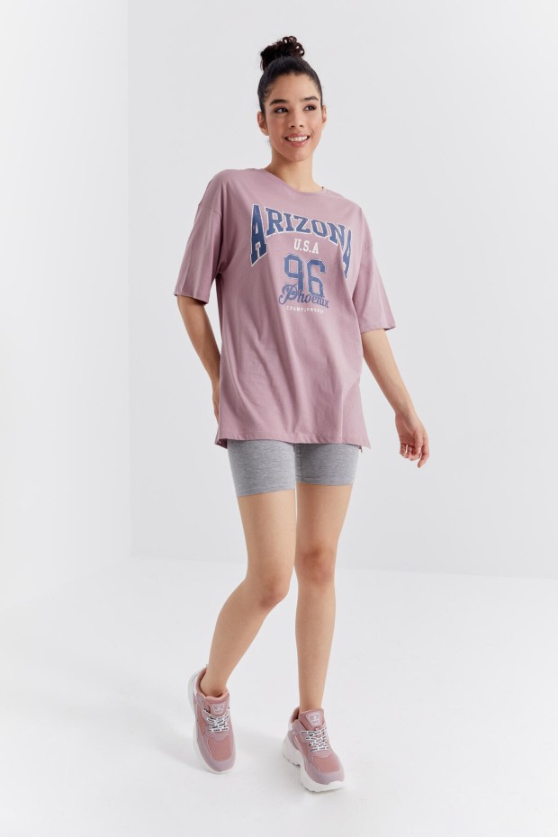 Gül Kurusu Büyük Yazı Baskılı O Yaka Oversize Düşük Omuz Kadın T-Shirt - 97218