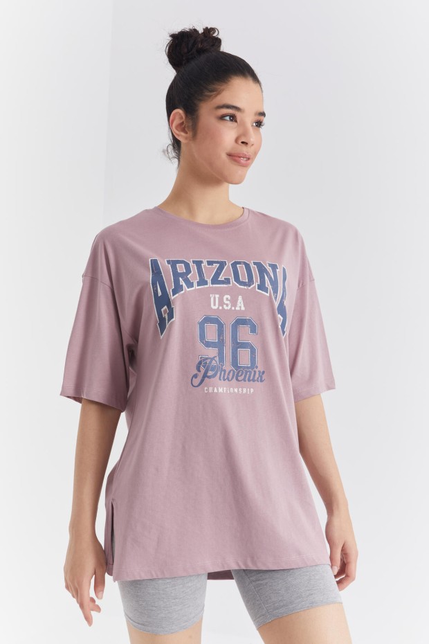 Gül Kurusu Büyük Yazı Baskılı O Yaka Oversize Düşük Omuz Kadın T-Shirt - 97218