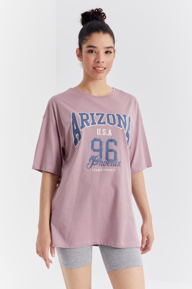 Gül Kurusu Büyük Yazı Baskılı O Yaka Oversize Düşük Omuz Kadın T-Shirt - 97218