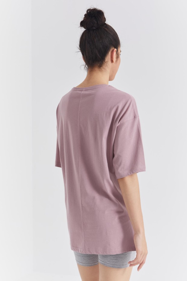 Gül Kurusu Büyük Yazı Baskılı O Yaka Oversize Düşük Omuz Kadın T-Shirt - 97218