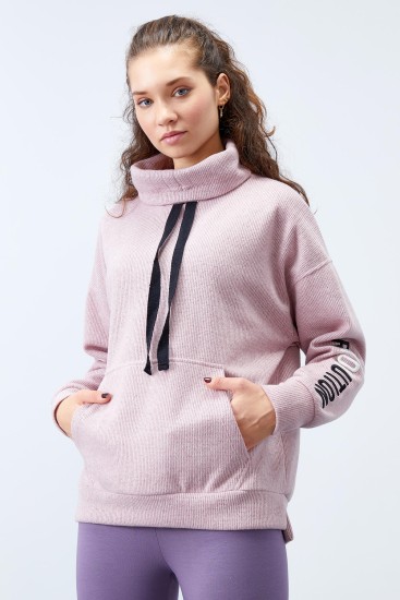 Gül Kurusu Büzgülü Bağcıklı Yaka Nakışlı Selanik Triko Kadın Oversize Sweatshirt - 97197 