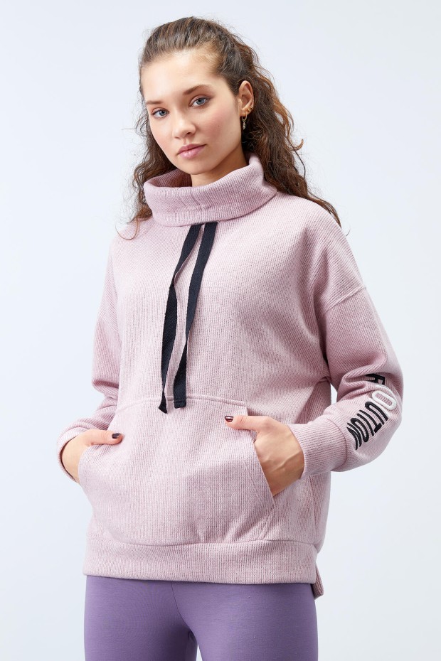 Gül Kurusu Büzgülü Bağcıklı Yaka Nakışlı Selanik Triko Kadın Oversize Sweatshirt - 97197