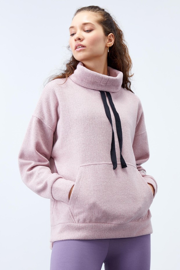 Gül Kurusu Büzgülü Bağcıklı Yaka Nakışlı Selanik Triko Kadın Oversize Sweatshirt - 97197