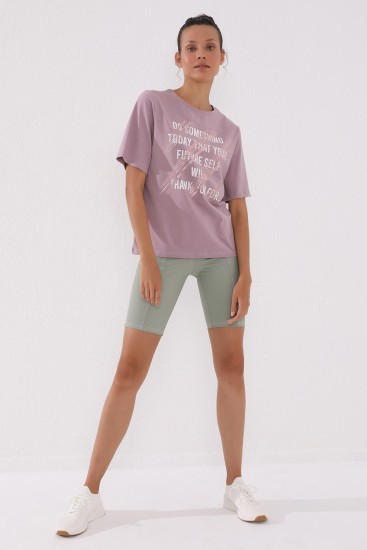 Gül Kurusu Deforme Yazı Baskılı O Yaka Kadın Oversize T-Shirt - 97133 - Thumbnail