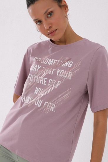 Gül Kurusu Deforme Yazı Baskılı O Yaka Kadın Oversize T-Shirt - 97133 - Thumbnail