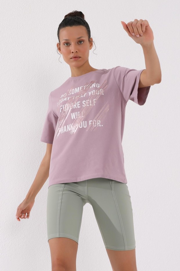 Gül Kurusu Deforme Yazı Baskılı O Yaka Kadın Oversize T-Shirt - 97133