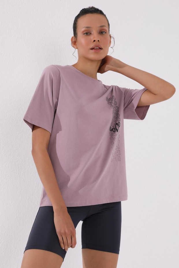 Gül Kurusu Deforme Yazı Baskılı O Yaka Kadın Oversize T-Shirt - 97134