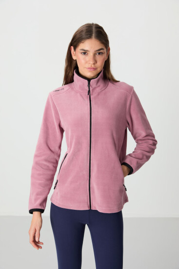 Gül Kurusu Dik Yaka Fermuarlı Rahat Form Kadın Polar Sweatshirt - 97173 