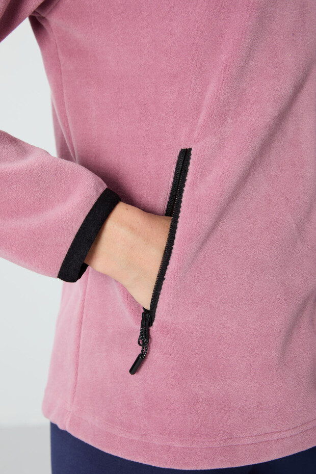 Gül Kurusu Dik Yaka Fermuarlı Rahat Form Kadın Polar Sweatshirt - 97173 - 3