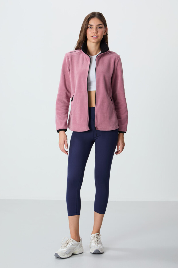 Gül Kurusu Dik Yaka Fermuarlı Rahat Form Kadın Polar Sweatshirt - 97173 - 2