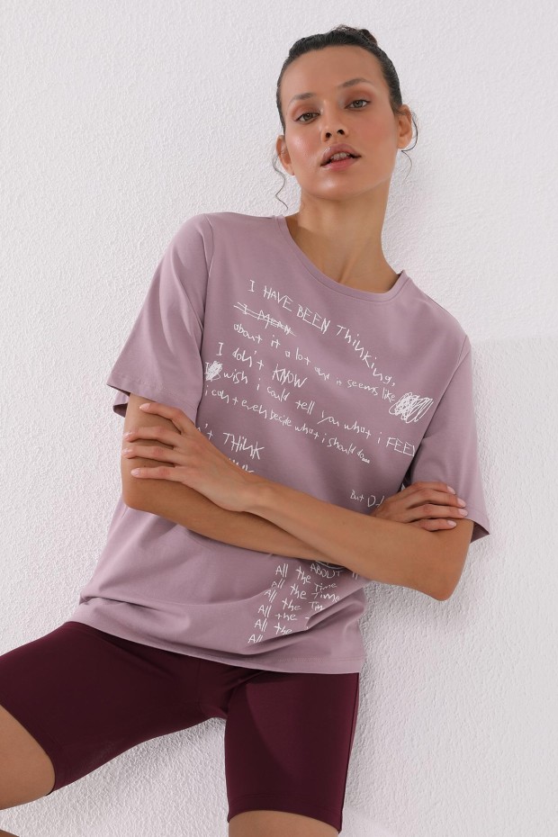 Gül Kurusu El Yazısı Baskılı O Yaka Kadın Oversize T-Shirt - 97137