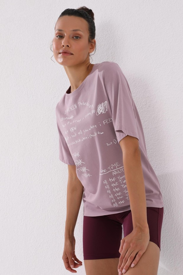 Gül Kurusu El Yazısı Baskılı O Yaka Kadın Oversize T-Shirt - 97137