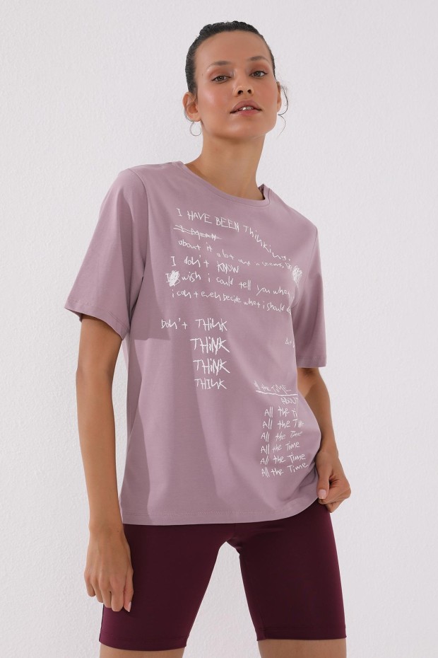 Gül Kurusu El Yazısı Baskılı O Yaka Kadın Oversize T-Shirt - 97137