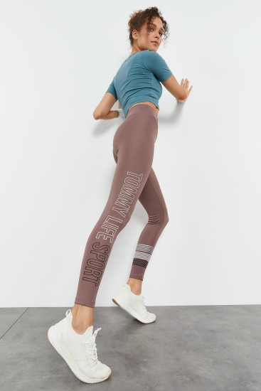 Gül Kurusu Yüksek Bel Yazı Baskılı Slim Fit Dar Paça Kadın Tayt - 94544 