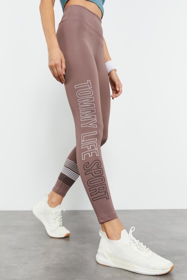 Gül Kurusu Yüksek Bel Yazı Baskılı Slim Fit Dar Paça Kadın Tayt - 94544 - TOMMYLIFE (1)