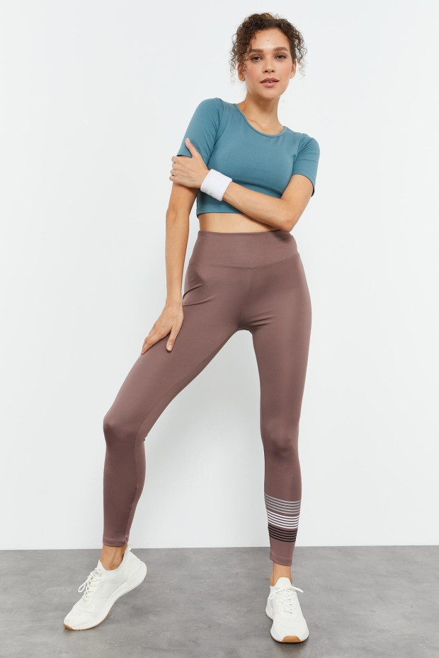 Gül Kurusu Yüksek Bel Yazı Baskılı Slim Fit Dar Paça Kadın Tayt - 94544 - 3