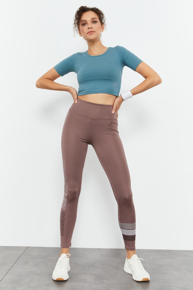 Gül Kurusu Yüksek Bel Yazı Baskılı Slim Fit Dar Paça Kadın Tayt - 94544 - 5