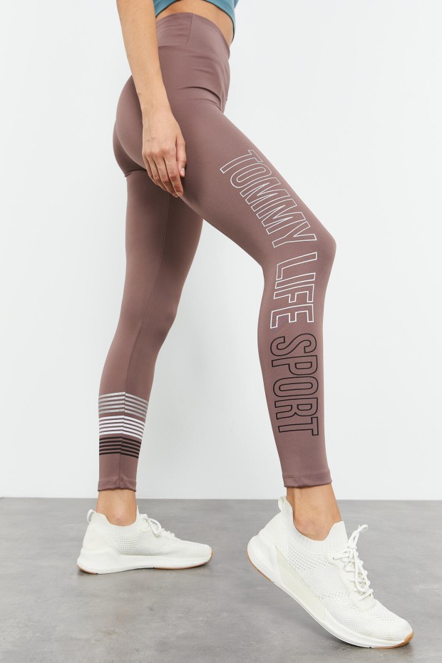 Gül Kurusu Yüksek Bel Yazı Baskılı Slim Fit Dar Paça Kadın Tayt - 94544 - 6