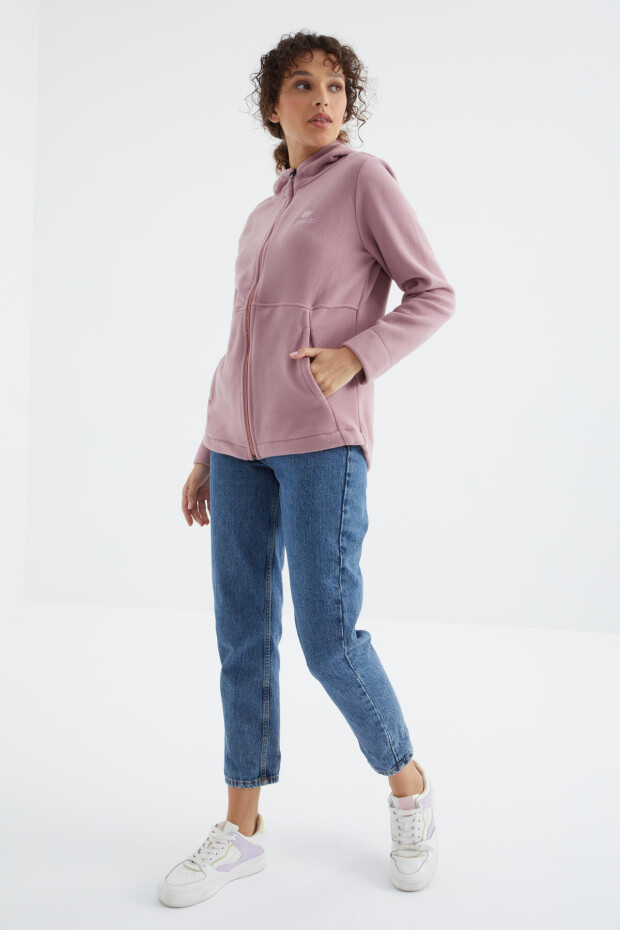 Gül Kurusu Kapüşonlu Fermuarlı Rahat Form Kadın Polar Sweatshirt - 97233 - 2