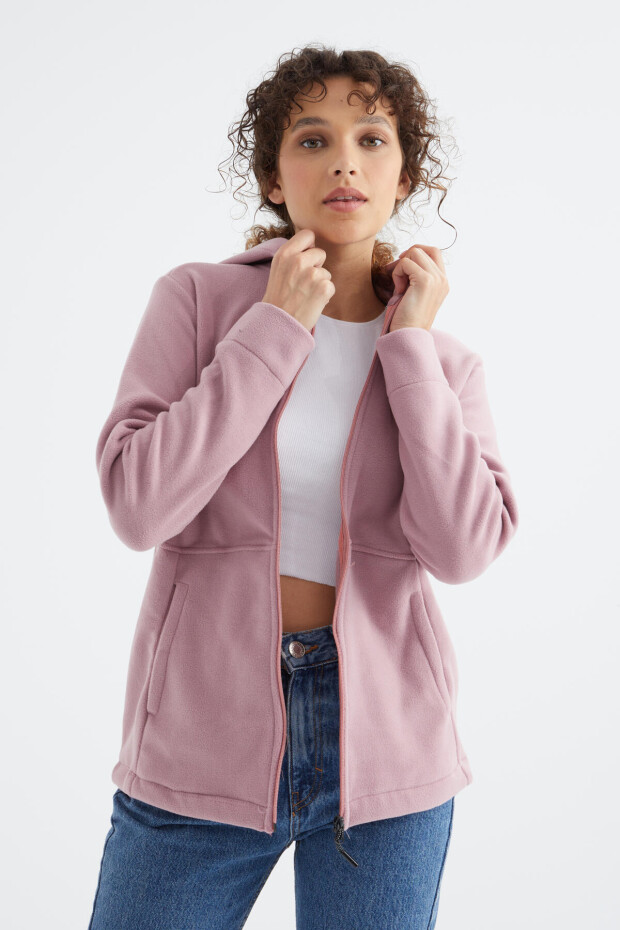 Gül Kurusu Kapüşonlu Fermuarlı Rahat Form Kadın Polar Sweatshirt - 97233 - 3