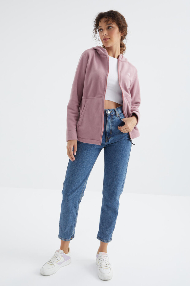 Gül Kurusu Kapüşonlu Fermuarlı Rahat Form Kadın Polar Sweatshirt - 97233 - 4