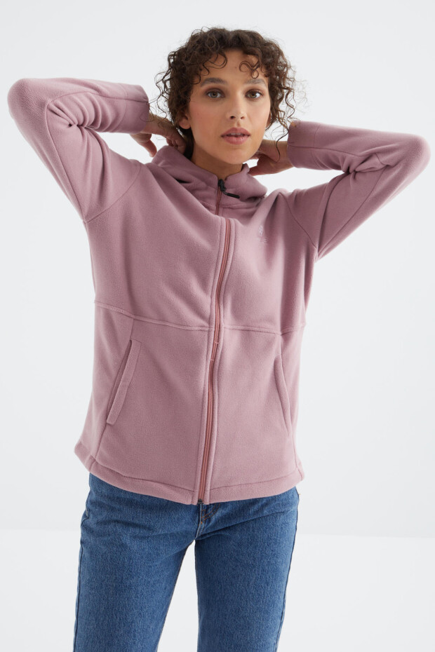 Gül Kurusu Kapüşonlu Fermuarlı Rahat Form Kadın Polar Sweatshirt - 97233 - 5