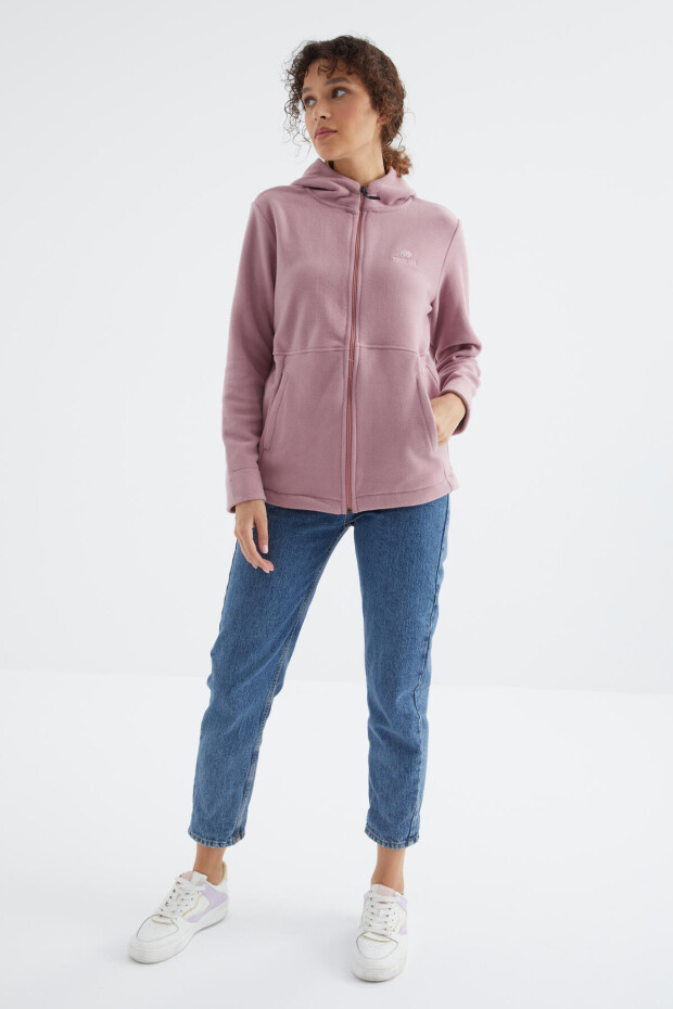 Gül Kurusu Kapüşonlu Fermuarlı Rahat Form Kadın Polar Sweatshirt - 97233 - 6