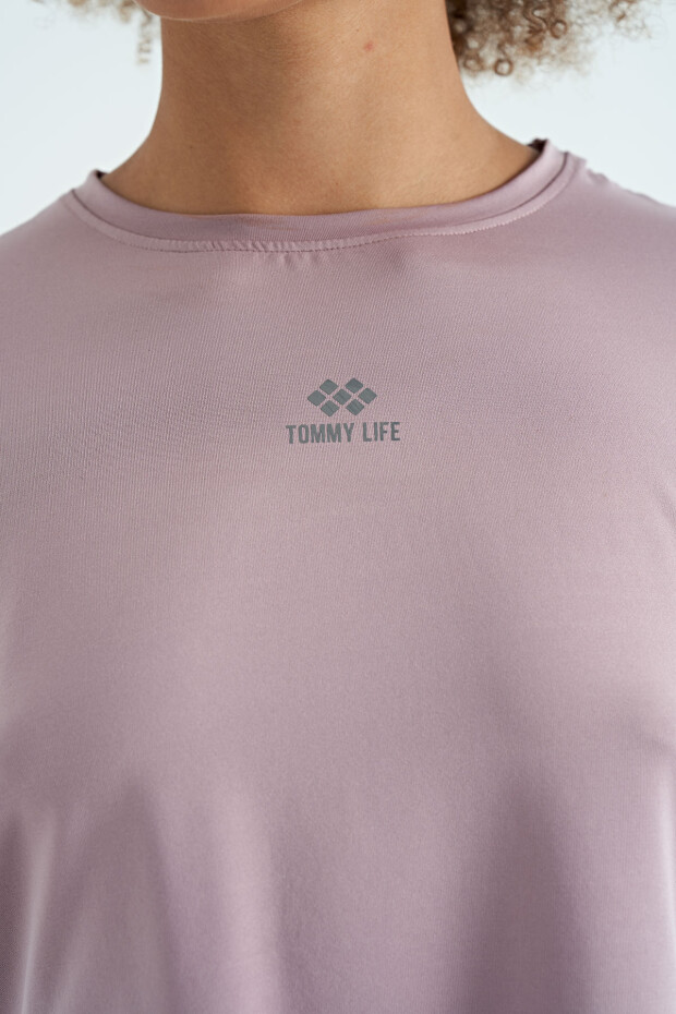 Gül Kurusu Logo Baskılı O Yaka Düşük Kol Oversize Kadın Crop T-Shirt - 97262
