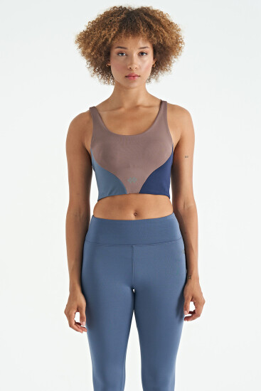 Gül Kurusu Logo Baskılı Renk Bloklu Sırt Çapraz Detaylı Dalgıç Kumaş Kadın Büstiyer - 97260 - TOMMYLIFE