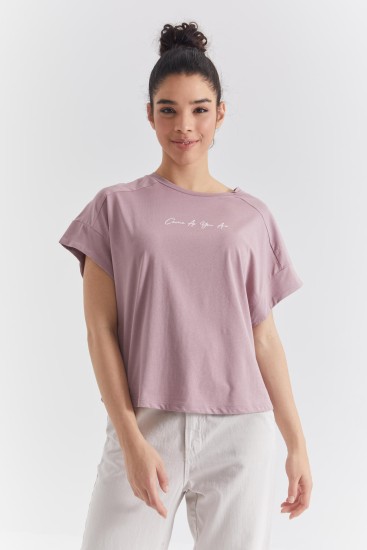 Gül Kurusu Minimal Yazı Baskılı O Yaka Oversize Kadın T-Shirt - 97219 
