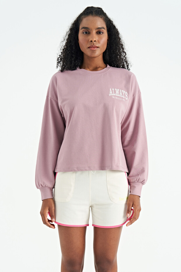 Gül Kurusu O Yaka Nakış Detaylı Crop Basic Kadın Sweatshirt - 02116