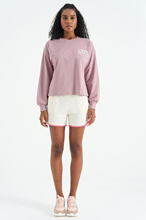 Gül Kurusu O Yaka Nakış Detaylı Crop Basic Kadın Sweatshirt - 02116
