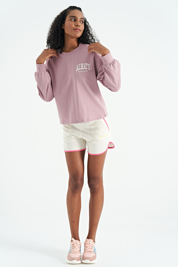 Gül Kurusu O Yaka Nakış Detaylı Crop Basic Kadın Sweatshirt - 02116