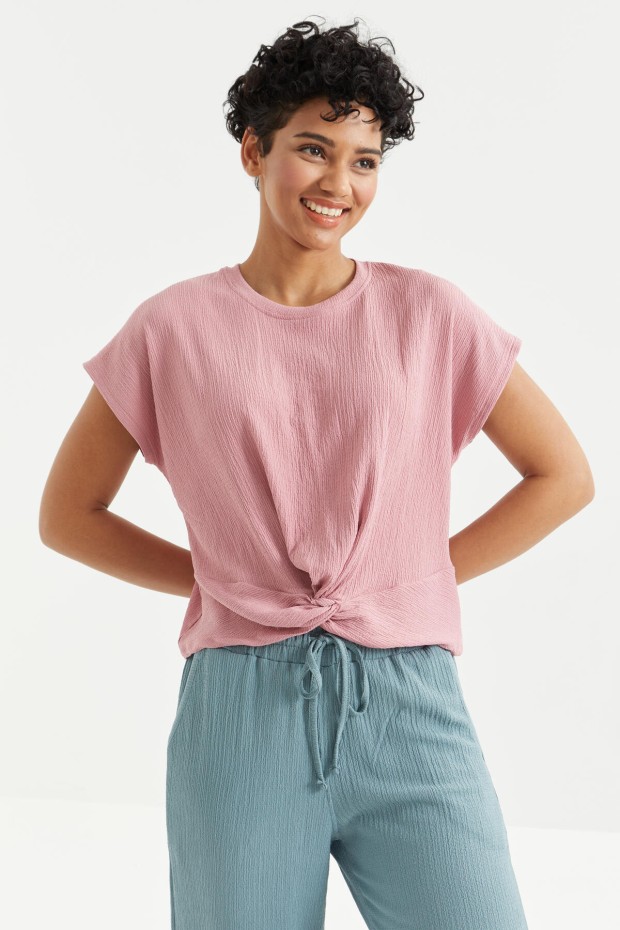 Gül Kurusu O Yaka Önü Büzgü Detaylı Bürümcük Kumaş Kadın Crop Top T-Shirt - 97228