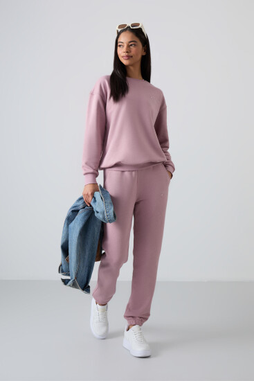 Gül Kurusu Basic Pamuklu O Yaka Oversize Lastik Paça Kadın Eşofman Takım - 95287 