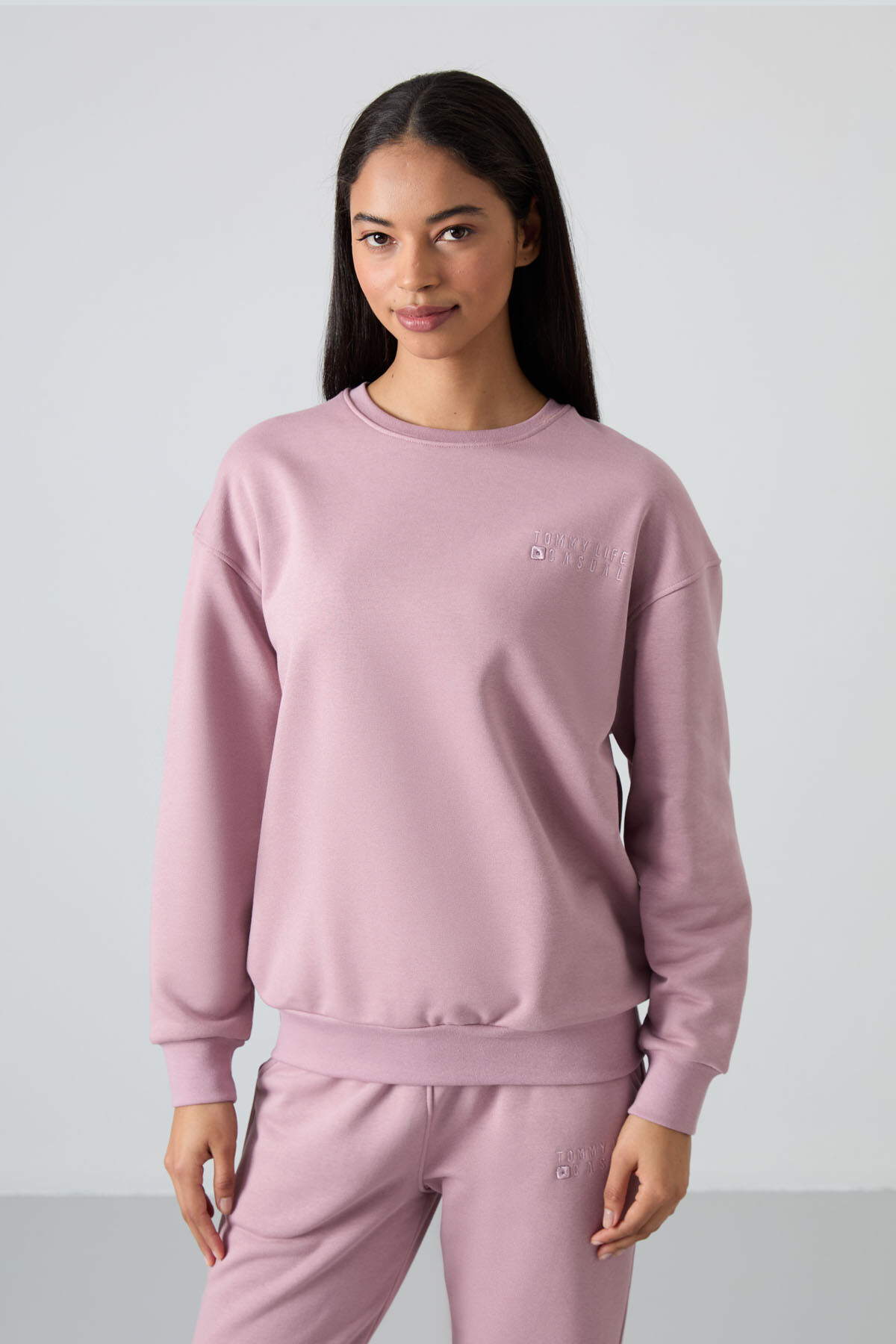 Gül Kurusu Basic Pamuklu O Yaka Oversize Lastik Paça Kadın Eşofman Takım - 95287 - TOMMYLIFE (1)