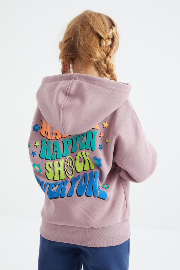Gül Kurusu Ön Ve Sırt Yazı Baskılı Kapüşonlu Oversize Kız Çocuk Sweatshirt - 75092