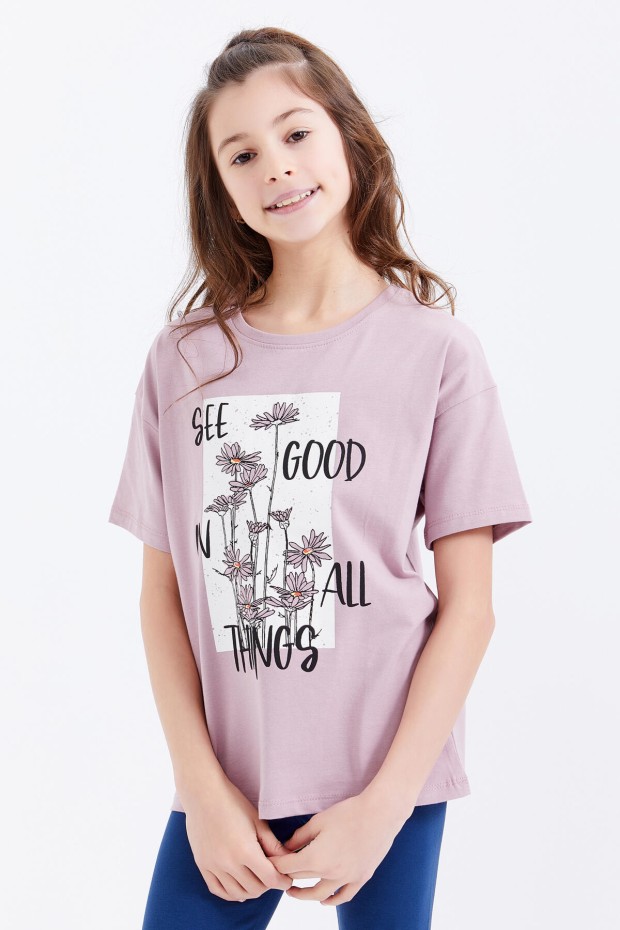 Gül Kurusu Oversize Yazı Baskılı O Yaka Düşük Omuz Kız Çocuk T-Shirt - 75032