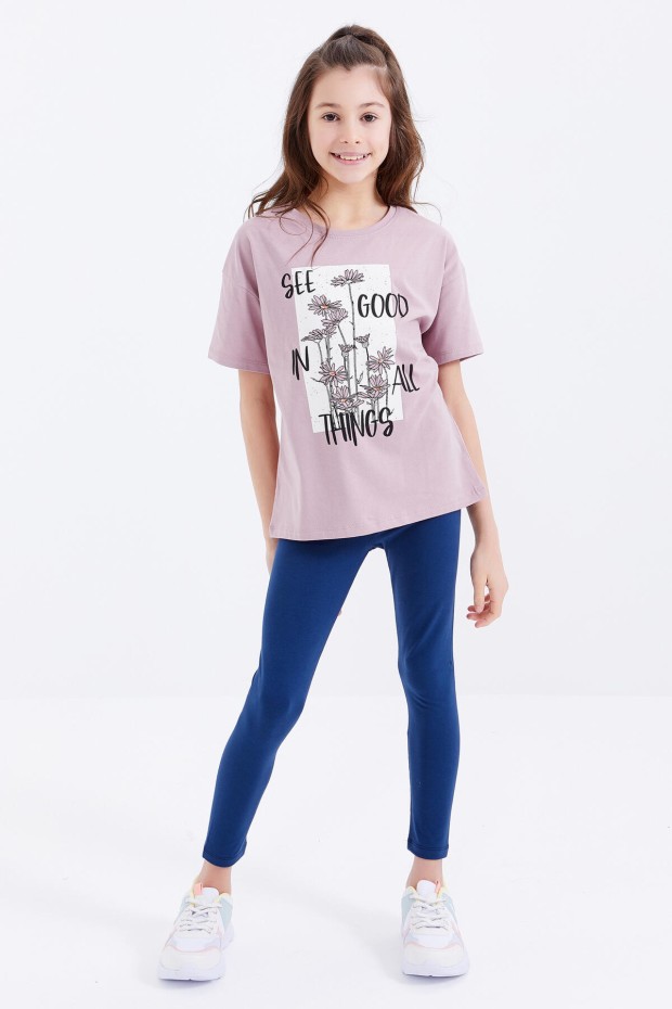 Gül Kurusu Oversize Yazı Baskılı O Yaka Düşük Omuz Kız Çocuk T-Shirt - 75032