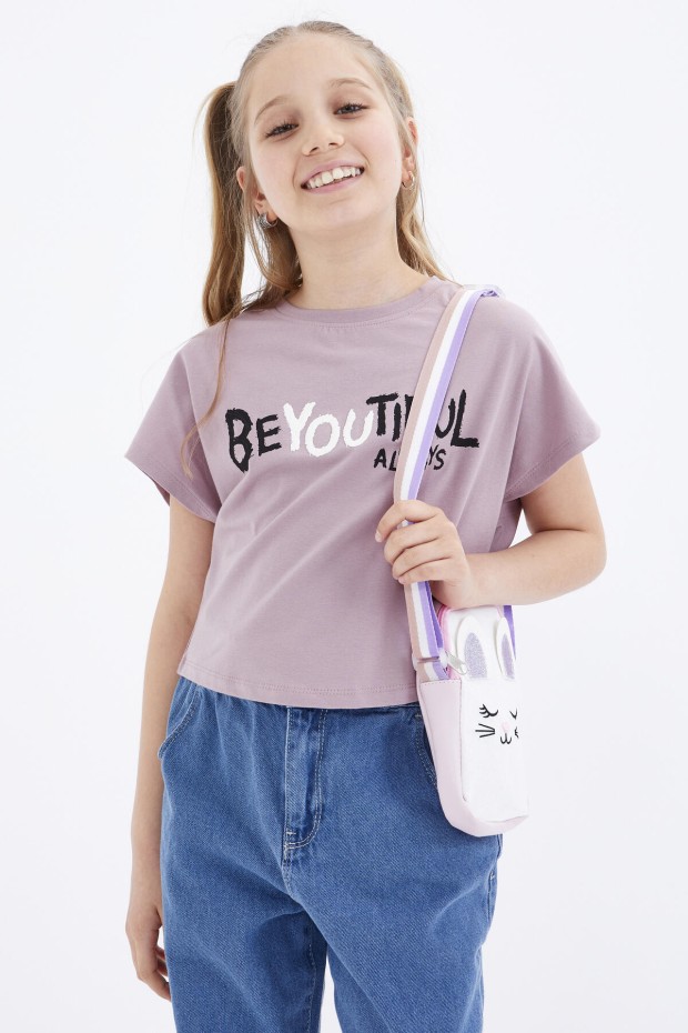 Gül Kurusu Oversize Yazı Baskılı O Yaka Kız Çocuk Crop T-Shirt - 75035