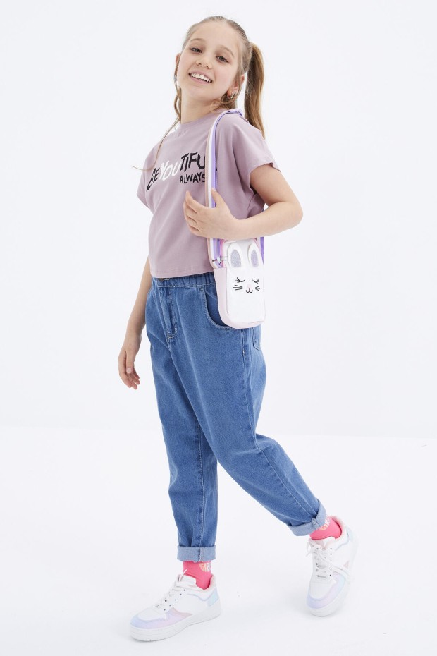 Gül Kurusu Oversize Yazı Baskılı O Yaka Kız Çocuk Crop T-Shirt - 75035