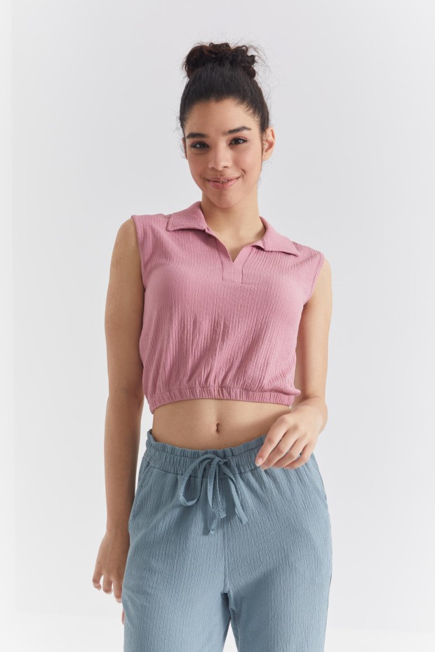 Gül Kurusu Polo Yaka Beli Lastikli Bürümcük Kumaş Kadın Crop Top T-Shirt - 97223