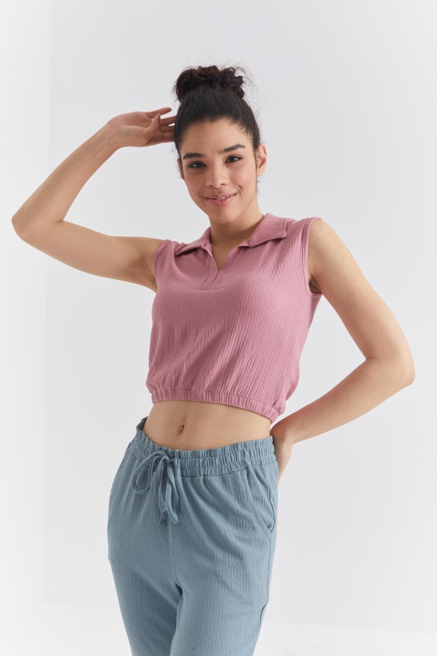 Gül Kurusu Polo Yaka Beli Lastikli Bürümcük Kumaş Kadın Crop Top T-Shirt - 97223